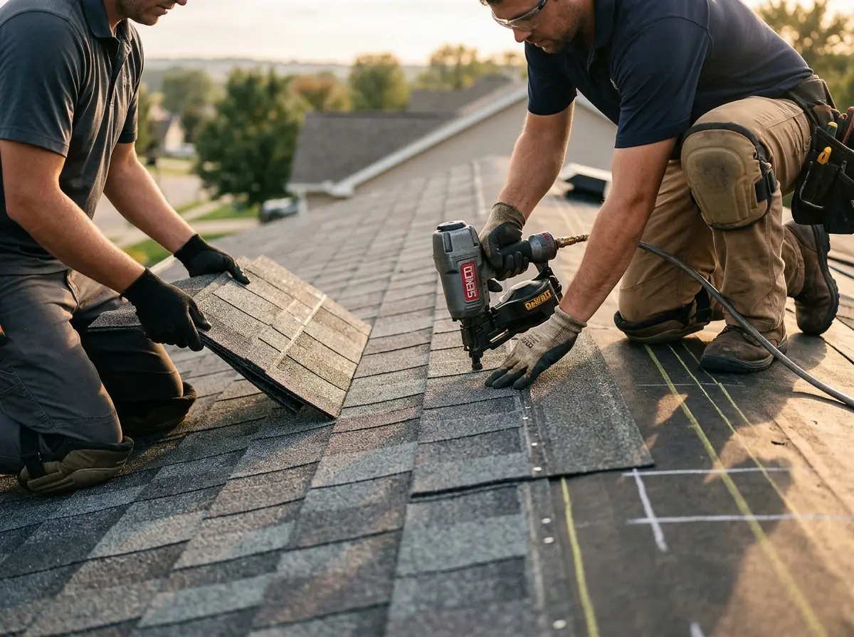 Professional roofer working on a residential roof in Allegheny
